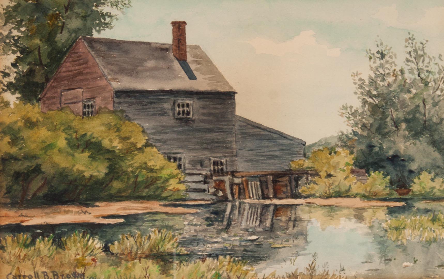 Appraisal: Carroll B Brown Building at Pond watercolor American - Building