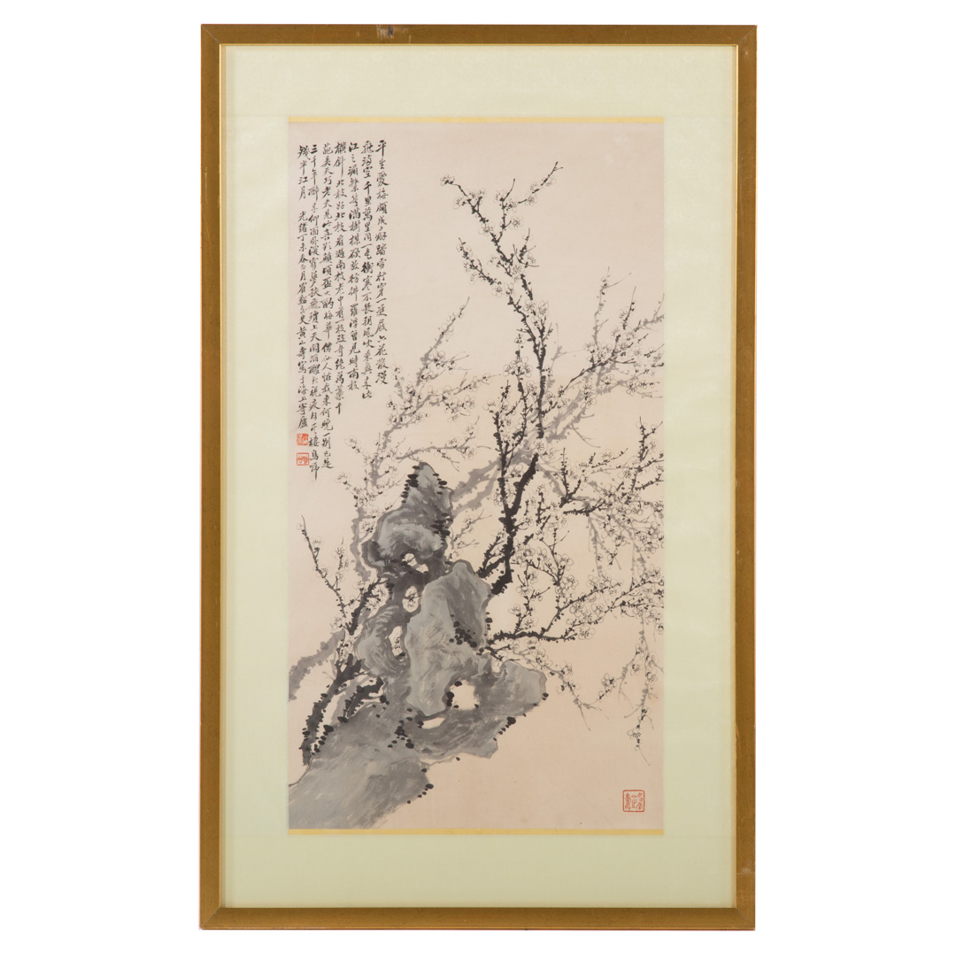 Appraisal: Chinese School th c Gouache prunus flowers and scholar's stone