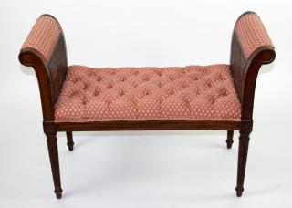 Appraisal: Vintage caned and rolled arm bench with tufted upholstery h