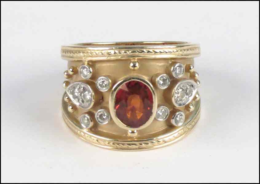 Appraisal: KARAT YELLOW GOLD BYZANTINE STYLE GARNET AND DIAMOND RING grams