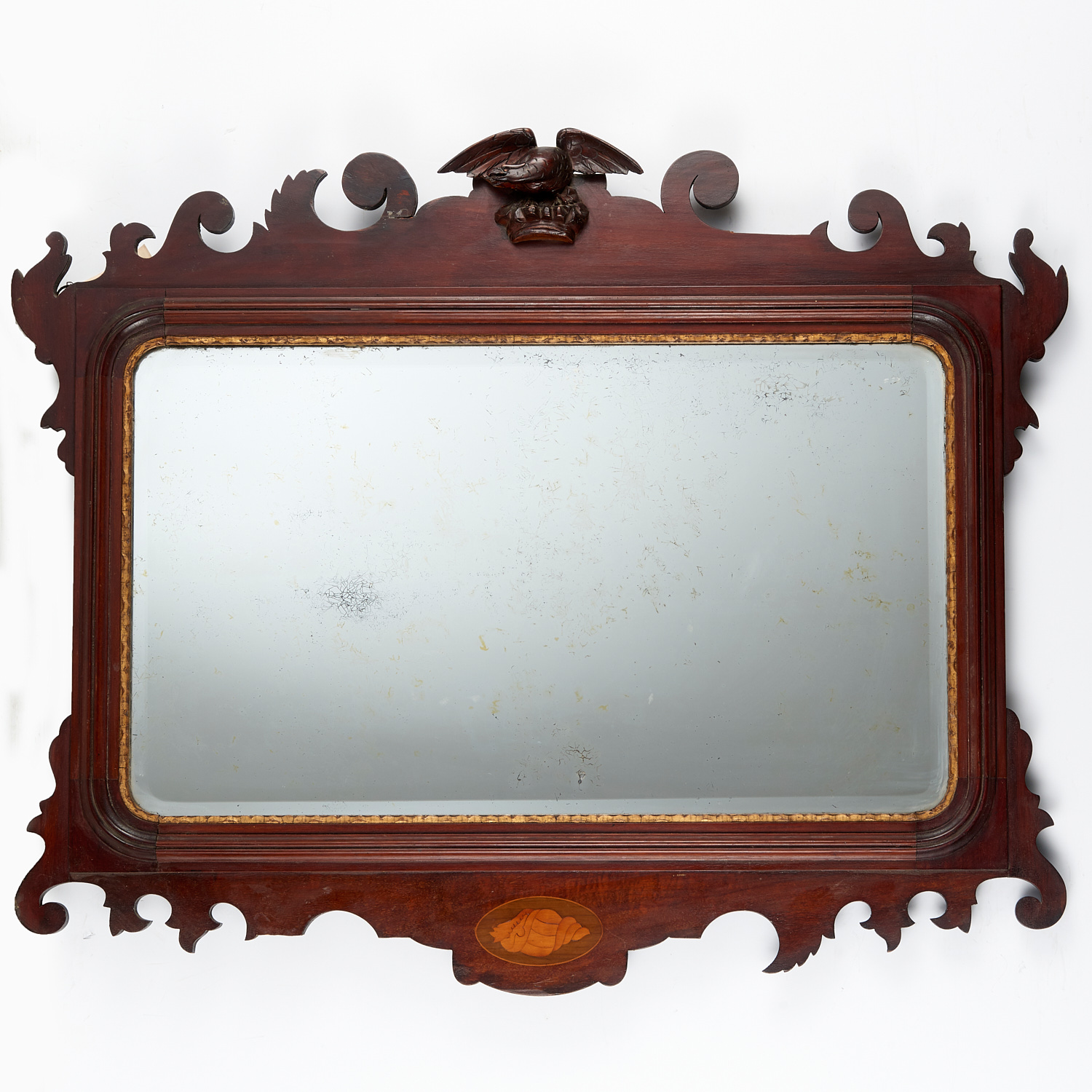 Appraisal: AMERICAN CHIPPENDALE INLAID MAHOGANY MIRROR th c carved with eagle