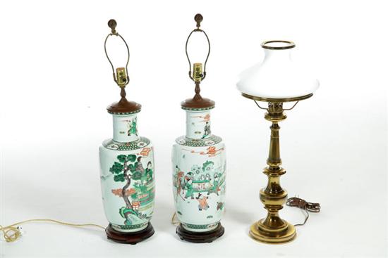 Appraisal: THREE TABLE LAMPS Twentieth century Pair of Famille Verte-style Asian