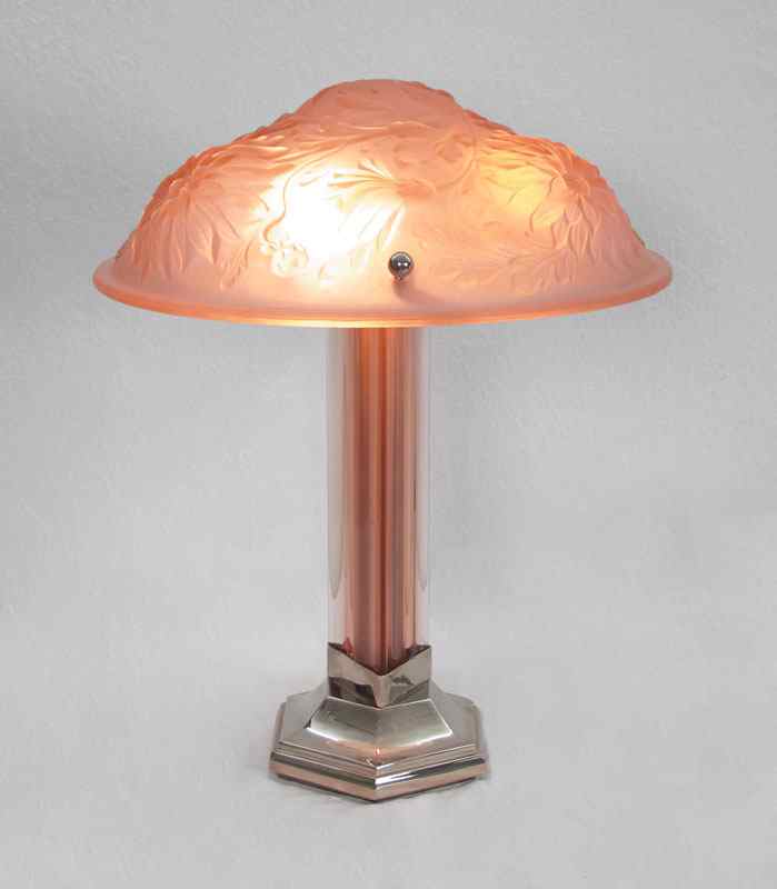 Appraisal: FLORAL PINK GLASS ART DECO LAMP Frosted pink floral form