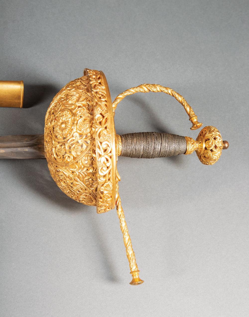 Appraisal: Antique Continental Gilt Basket-Hilt Rapier damascened blade cloth covered scabbard