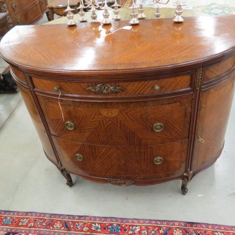 Appraisal: French Demilune Commode inlaid carved tall wide deep