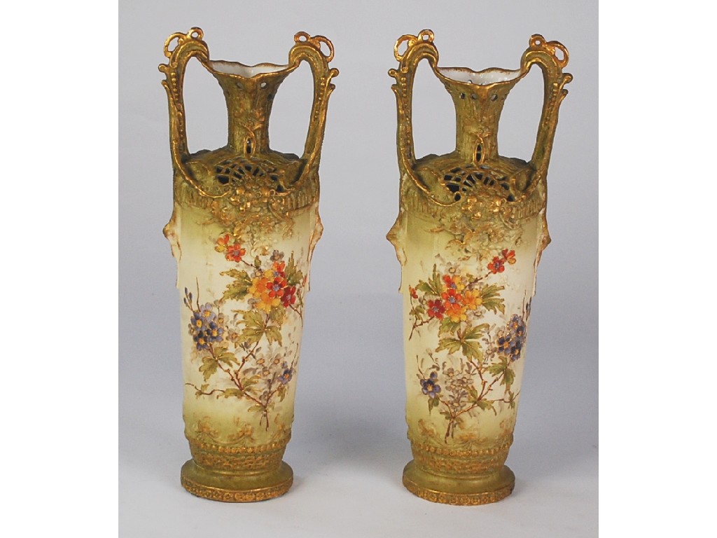 Appraisal: PAIR OF TURN WEIN AUSTRIA TWO HANDLED BLUSH PORCELAIN VASES