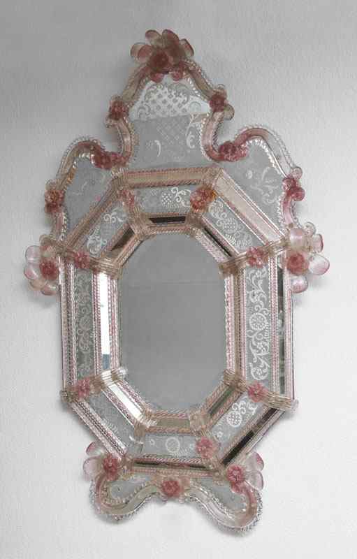 Appraisal: LARGE VENETIAN ETCHED GLASS MIRROR Stepped frame with attached florets