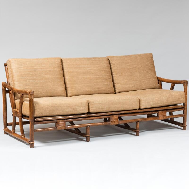 Appraisal: Ficks Reed Bamboo Sofa with Jim Thompson Silk Cushions With