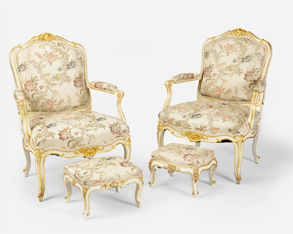 Appraisal: A pair of Louis XVI-style carved giltwood fauteuils with ottomans