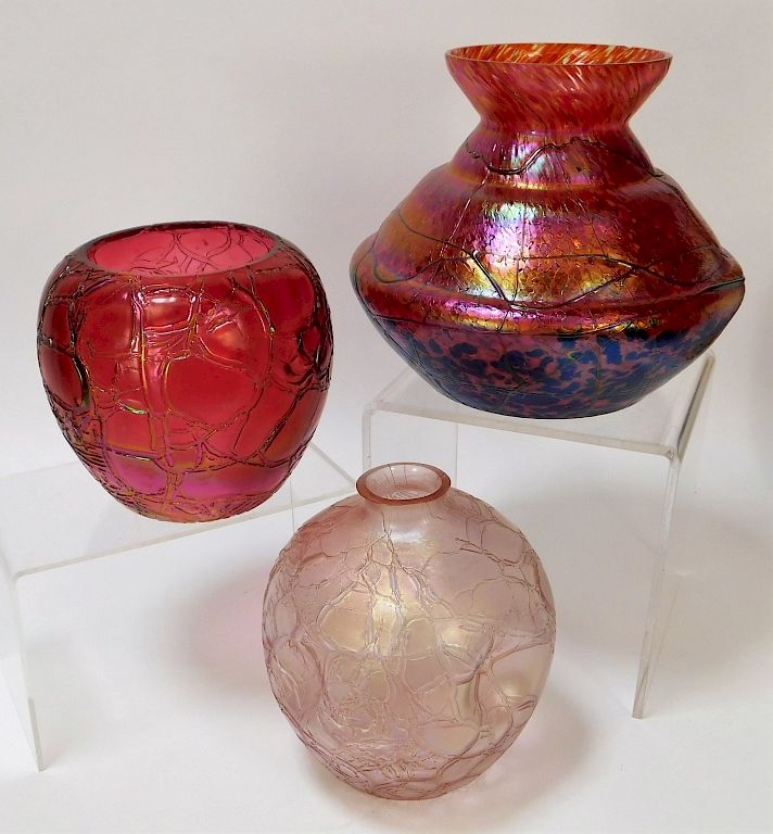 Appraisal: PC Kralik Vein Crackle Bohemian Art Glass Vases Bohemia th