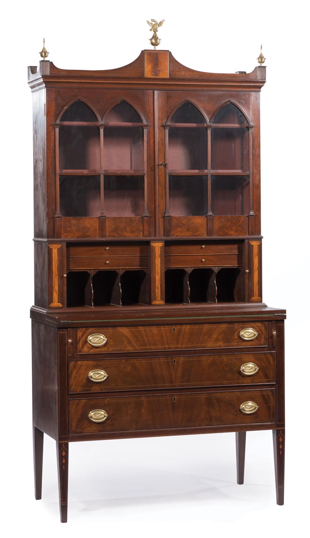 Appraisal: Hepplewhite-Style Inlaid Mahogany Secretary Bookcase brass urn and eagle-mounted crest