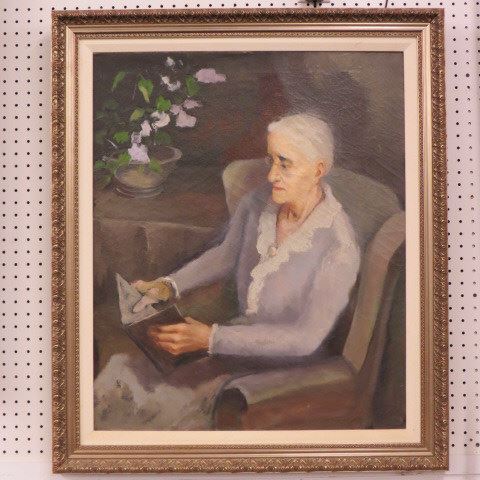 Appraisal: Oil Painting of an Older Lady Reading image area x