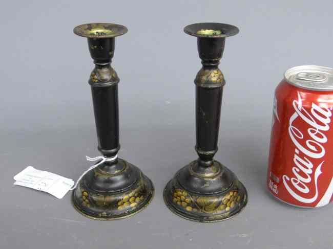 Appraisal: Pair th c tole sand weighted candlesticks '' Ht