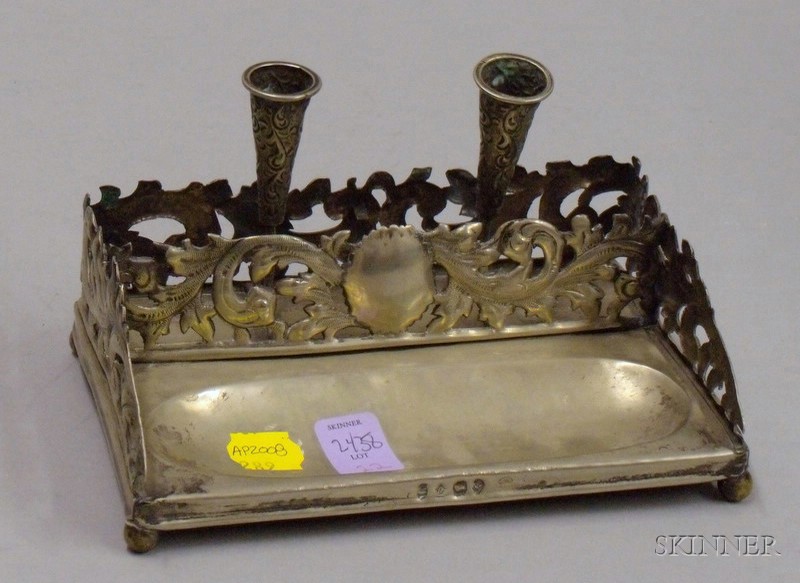 Appraisal: Silver Plated Candleholder with Attached Pen Tray