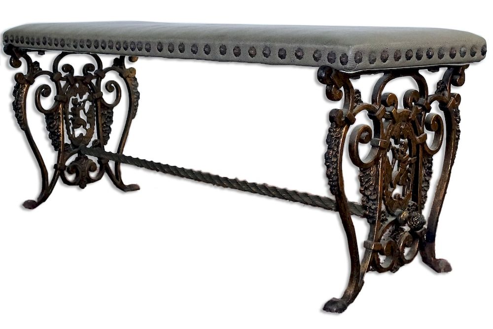 Appraisal: Oscar Bach Ornate Gilt Iron Upholstered Bench Base crafted of