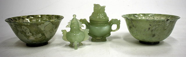 Appraisal: TWO CHINESE TURNED JADE BOWLS cm diameter together with two