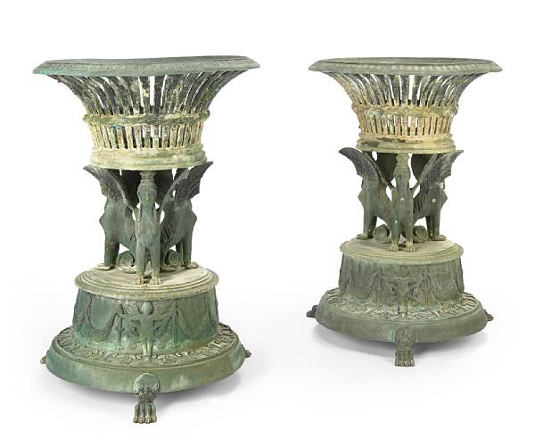 Appraisal: A pair of Neoclassical style patinated bronze jardini res Each