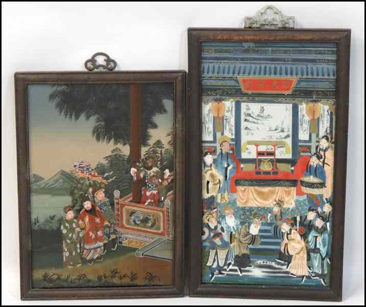 Appraisal: TWO JAPANESE REVERSE PAINTED GLASS PANELS Larger '' x ''