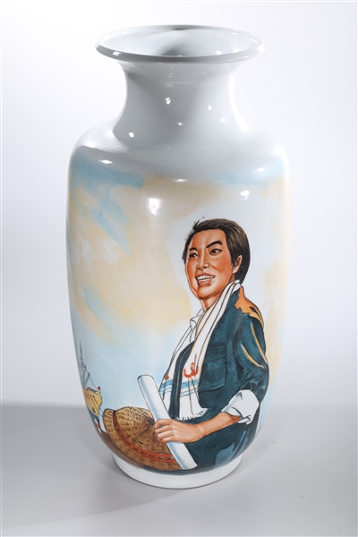 Appraisal: Tall Chinese glazed porcelain vase depicting a figure freight ship