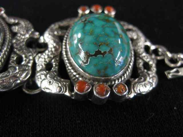 Appraisal: Turquoise Coral Sterling Silver Bracelet oval cabochon stones with coral