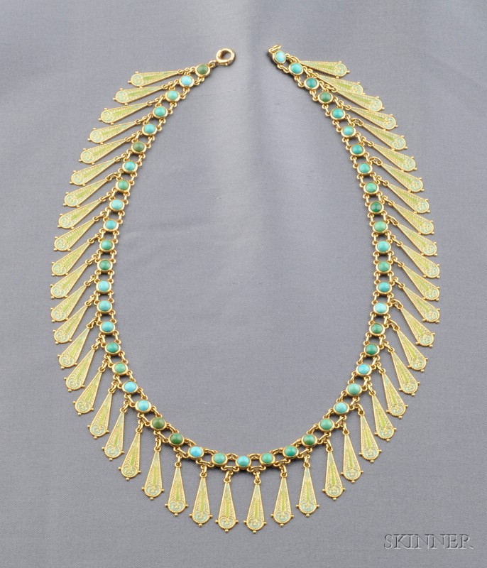 Appraisal: Greek Revival kt Gold Turquoise and Enamel Fringe Necklace Tiffany