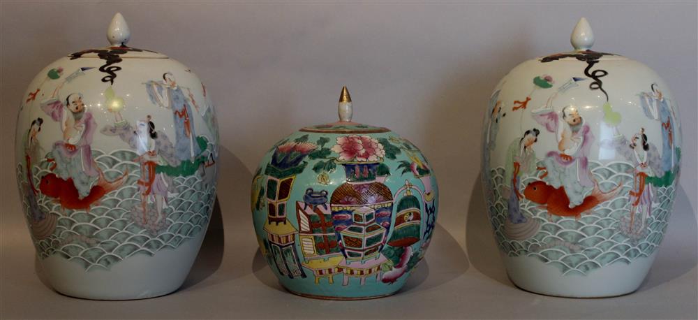 Appraisal: A PAIR OF ASIAN COVERED JARS ALONG WITH ANOTHER COVERED