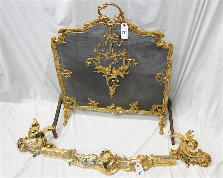 Appraisal: FOUR-PIECE LOUIS XV STYLE DORE BRONZE FIREPLACE SET freestanding firescreen