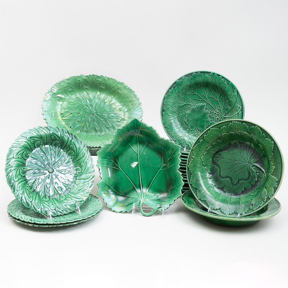 Appraisal: Group of Green Glazed Majolica Wares Various patterns comprising A