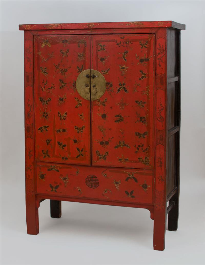 Appraisal: Chinese Red Lacquer Two-Door Cabinet x x in Estimate -