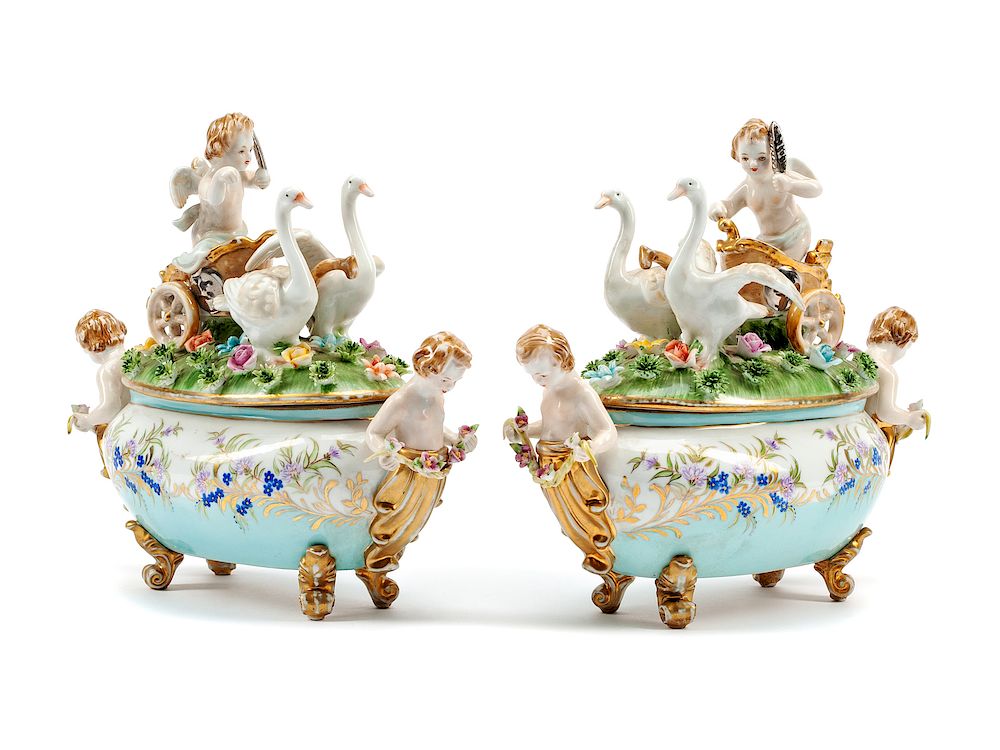 Appraisal: A Pair of German Porcelain Figural Tureens A Pair of