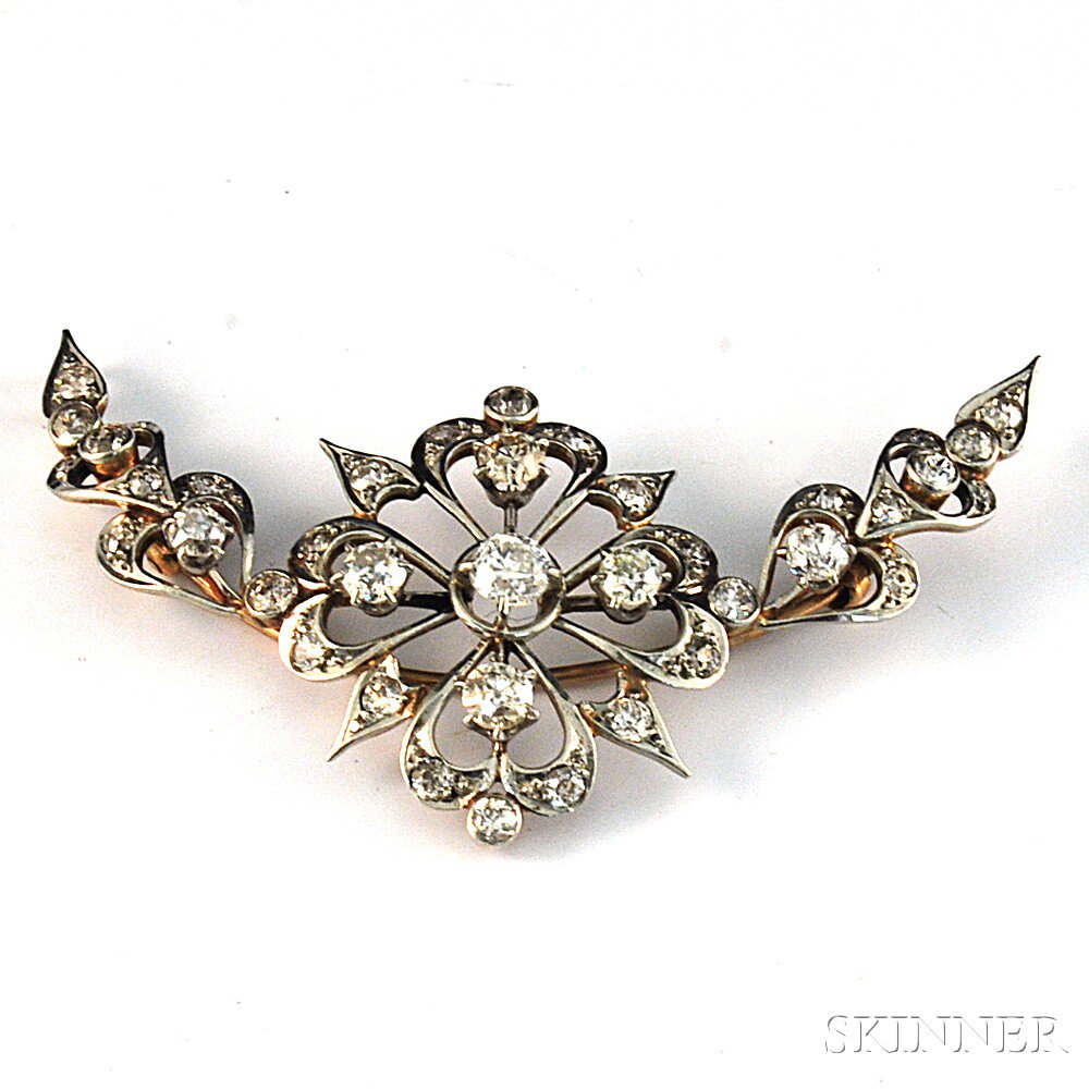 Appraisal: Platinum-topped kt Gold and Diamond Brooch stylized floral and heart