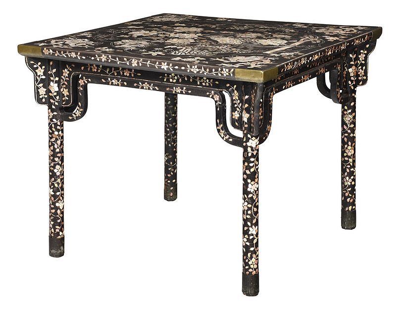 Appraisal: Asian Lacquered Mother of Pearl Inlaid Table Japanese or Chinese