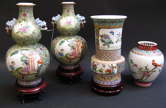 Appraisal: FOUR HAND ENAMELED CHINESE VASES including a pair of double