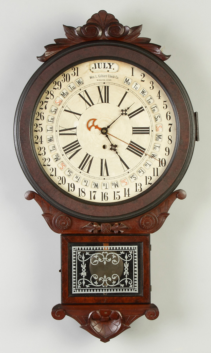 Appraisal: William Gilbert Office Drop Calendar Clock Carved walnut burl case