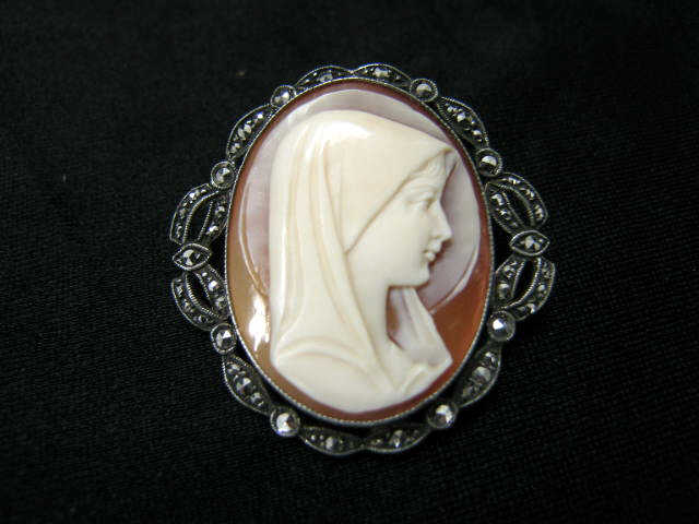 Appraisal: Sterling Silver Marcasite Cameo Brooch carved shell portrait of Mary