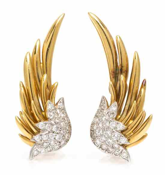 Appraisal: A Pair of Karat Yellow Gold Platinum and Diamond Wing