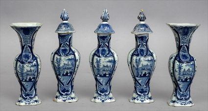 Appraisal: DUTCH DELFT BLUE AND WHITE FIVE-PIECE MANTLE GARNITURE Comprising baluster-form