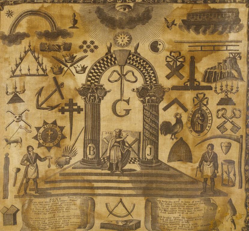 Appraisal: FREEMASONRY AN UNUSUAL PRINTED LINEN SQUARE with figures of Freemasons