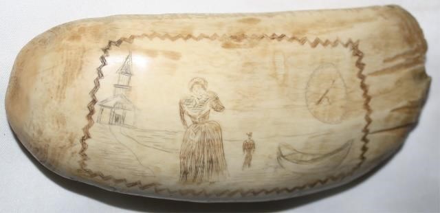 Appraisal: TH CENTURY SCRIMSHAW WHALE S TOOTH DEPICTING ASEASIDE CHURCH A