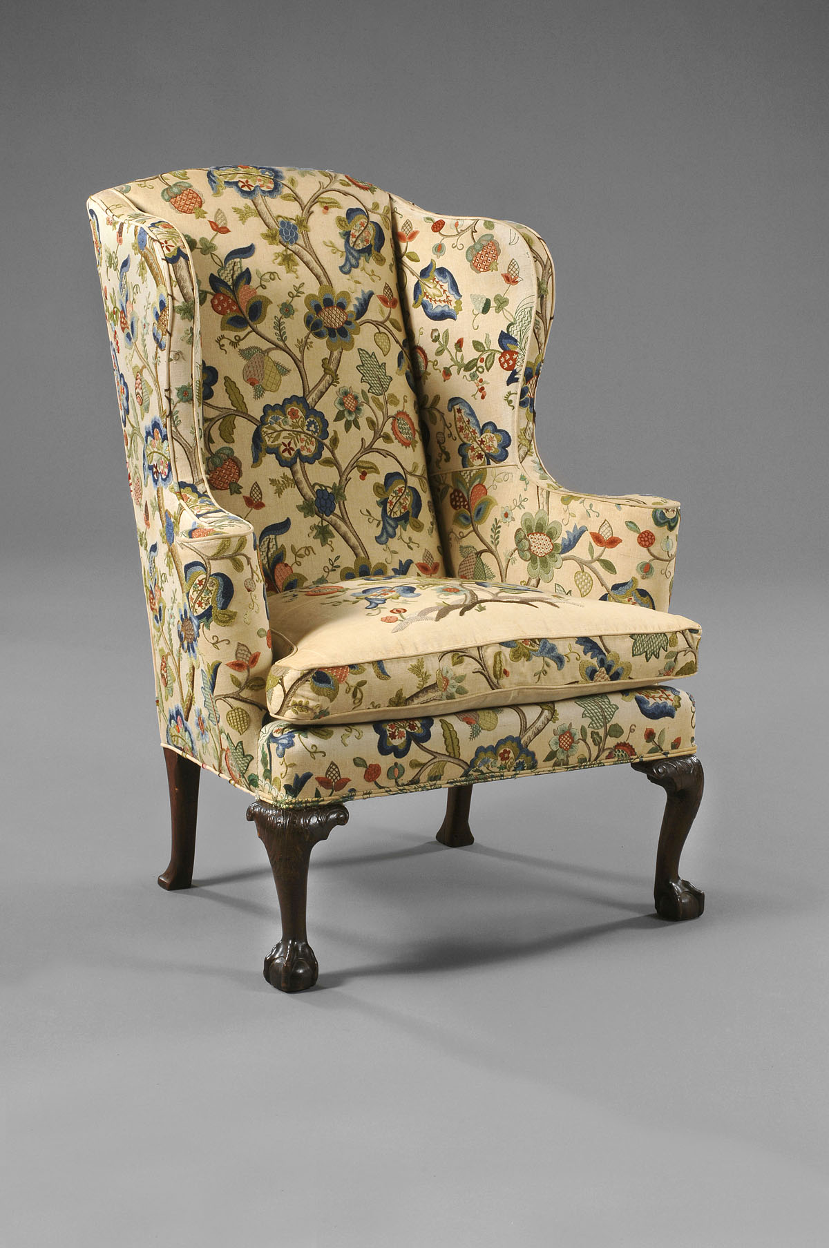 Appraisal: CHIPPENDALE WALNUT WING CHAIR Upholstered in crewel work with loose