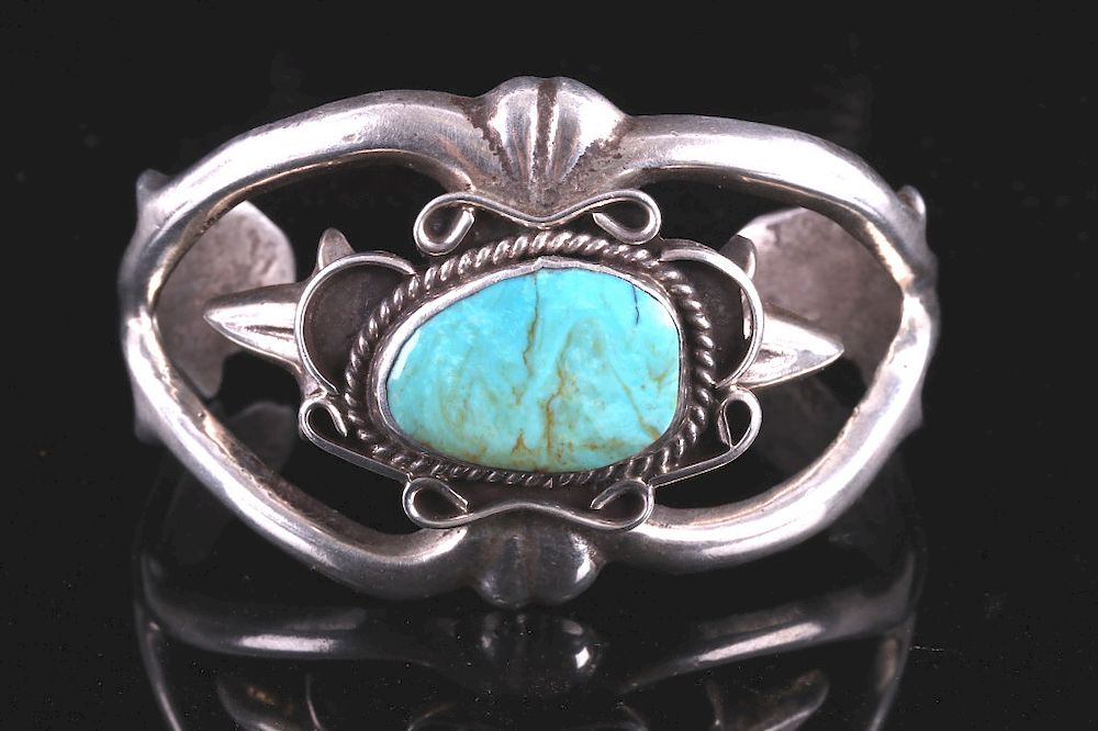 Appraisal: Navajo Sand Cast Sterling Turquoise Bracelet For your consideration is