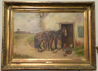 Appraisal: Oil on canvas Barnyard with Two Working Horses and Chickens