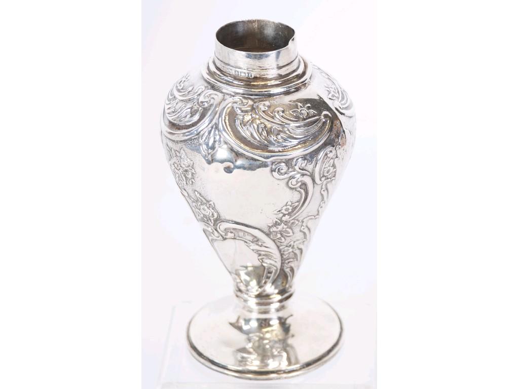 Appraisal: EDWARDIAN EMBOSSED SILVER SHOULDERED OVOID SUGAR CASTER lacks push on