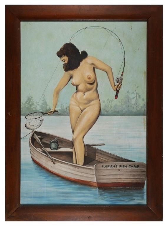 Appraisal: Vintage oil on panel painting of a nude woman fishing