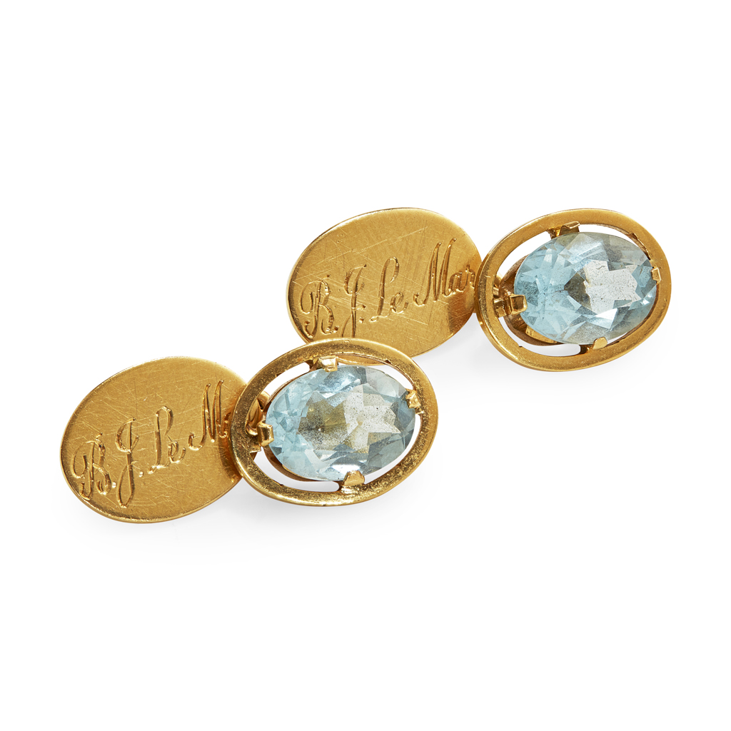 Appraisal: A pair of gentleman's aquamarine set cufflinks each with a