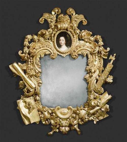 Appraisal: IMPORTANT GILTWOOD MIRROR WITH CARTOUCHES AND FASCES Baroque Rome circa