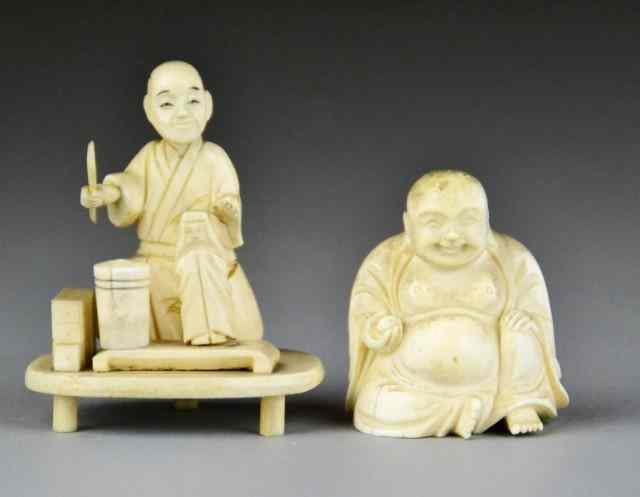 Appraisal: Japanese Ivory And Bone CarvingsTo include a carved ivory seated