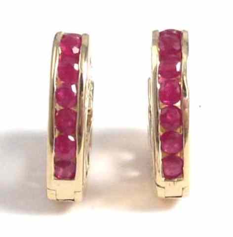 Appraisal: PAIR OF RUBY AND YELLOW GOLD 'LOVE' EARRINGS each k