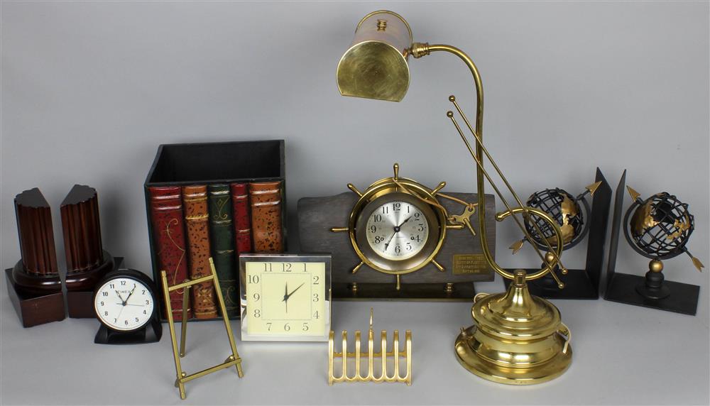 Appraisal: GROUP OF DESK ARTICLES INCLUDING A BRASS STUDENT LAMP BOOKENDS