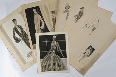 Appraisal: Six ink wash fashion design card sheets by Dodo Burgner